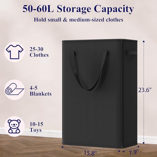 Optish 50L Slim Laundry Hamper, Small Laundry Basket With Handles, Black Narrow Laundry Basket for Dorm, Bedroom, Living Room, Collapsible Laundry Hamper