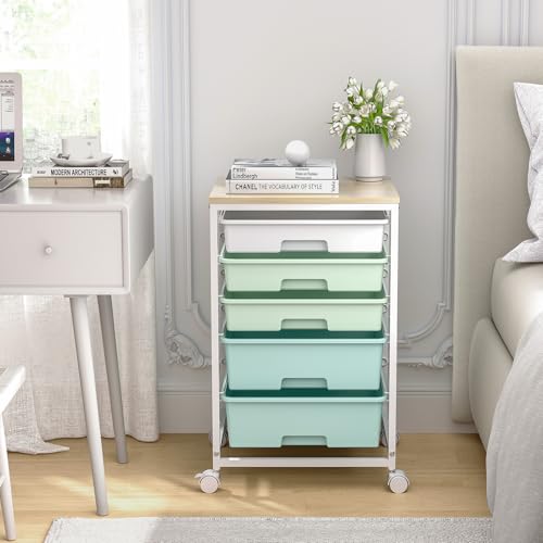 Rolling Cart with Drawers,5 Drawers Storage Cart,Light Green | 5-Tiers Utility Cart with Drawers with Lockable Wheels for Craft Organizers and Storage,Home Office,Classroom,Dorm,Playroom