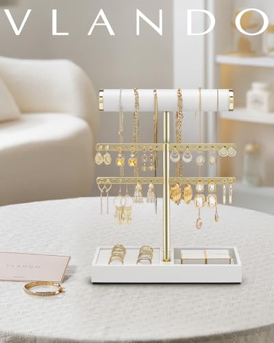 VLANDO 2 Tier Necklace Holder Organizer with Tray, Leather Bracelet Holder Display for Women, Gold Jewelry Holder Stand for Bracelet, Necklace, Earrings, Rings - White