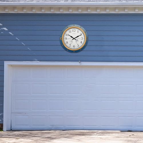 16 Inch Waterproof Outdoor Wall Clock, Thermometer Hygrometer | Silent non-ticking movement, battery powered, blue easy-read dial for patio, porch, garden, kitchen, and home decor