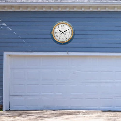 16 Inch Waterproof Outdoor Wall Clock, Thermometer Hygrometer | Silent non-ticking movement, battery powered, blue easy-read dial for patio, porch, garden, kitchen, and home decor