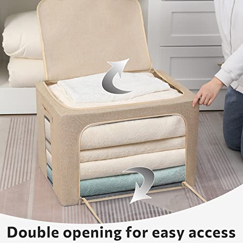 FHSQX 2 Pack Clothes Storage Bins with Metal Frame, Beige, 15.7x11.8x11.7 Inch