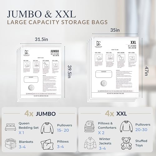 8 Pack Vacuum Storage Bags – 4 XXL & 4 Jumbo Vacuum Seal Bags for Blankets, Comforters, Clothing & Bedding - Space Saver Compression Bags