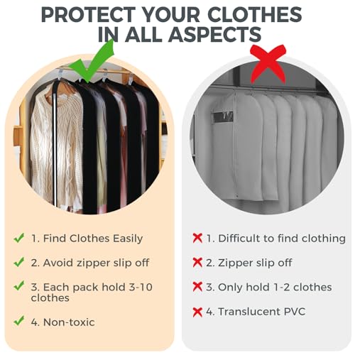 4 pack 60" Clear Garment Bags for Hanging Clothes, Suit Bags for Closet Storage, Clothing Storage, Garment Bags for Travel Covers with 4" Gussets for Coats, Jackets, Shirts, Dresses & Sweater, Black