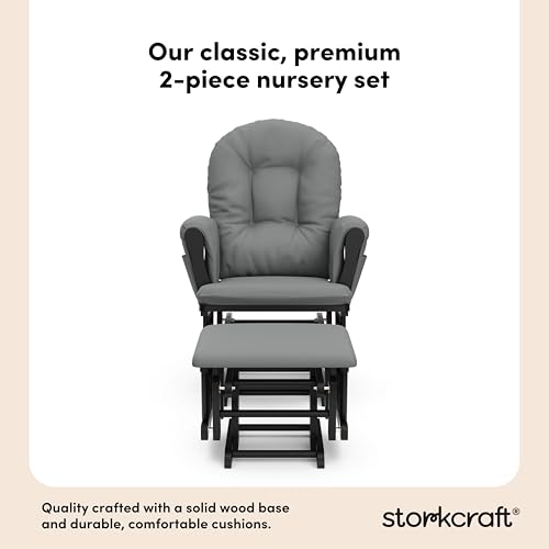 Storkcraft Premium Hoop Glider & Ottoman, Black with Gray | GREENGUARD Gold Certified, Solid Wood Craftsmanship, Convenient Storage Pockets, Glider Rocking Chair for Nursery