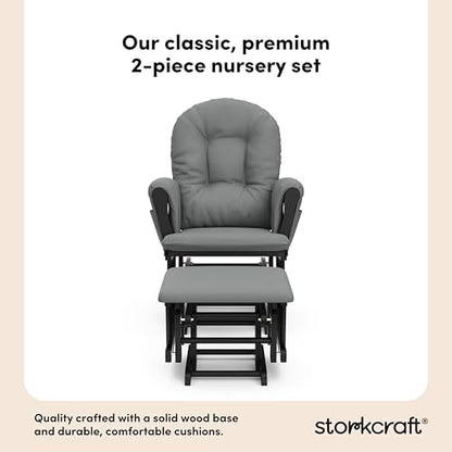 Storkcraft Premium Hoop Glider & Ottoman, Black with Gray | GREENGUARD Gold Certified, Solid Wood Craftsmanship, Convenient Storage Pockets, Glider Rocking Chair for Nursery