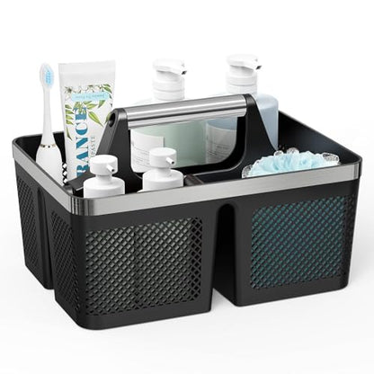 Black Shower Caddy Portable: Plastic Bathroom Caddy Organizer with Handle and Holes, Cleaning Caddy, Hard Shower Basket Storage Tote for Toiletry, College Dorm Room Essentials for Men