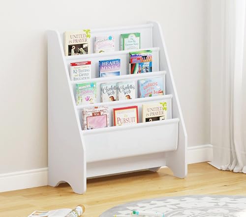 Kids Bookshelf Storage, Thick Cotton Sling Book Sh... (White | Engineered Wood)