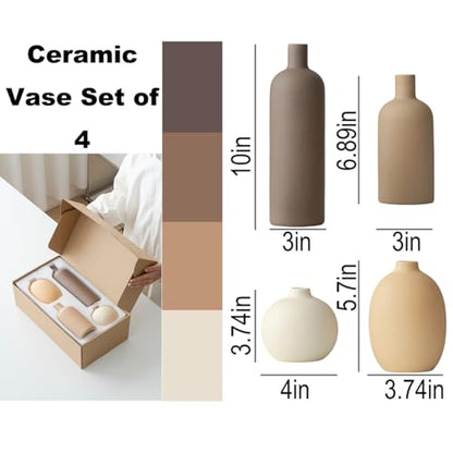 Modern Ceramic Vase Set, Neutral Colors, Decorative Vases for Home Shelf Decor, 4 Piece Collection, Happy Birthday Gifts for Women Mom Her Friend Sister Wife Grandma, Self Care Gift (Coffee Mix set 4)