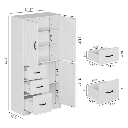 IRONCK Pantry Cabinet, Kitchen Storage Cabinet with 3 Door & Drawer, White | Adjustable Shelf. 67.5inch Tall. 5 Tier Freestanding. 150 lbs Per Shelf. Modern Style. FSC-certified Wood. Anti-tip.