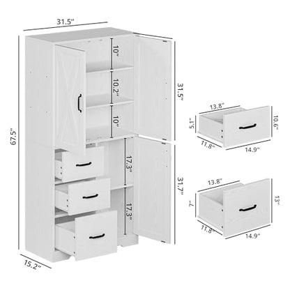 IRONCK Pantry Cabinet, Kitchen Storage Cabinet with 3 Door & Drawer, White | Adjustable Shelf. 67.5inch Tall. 5 Tier Freestanding. 150 lbs Per Shelf. Modern Style. FSC-certified Wood. Anti-tip.