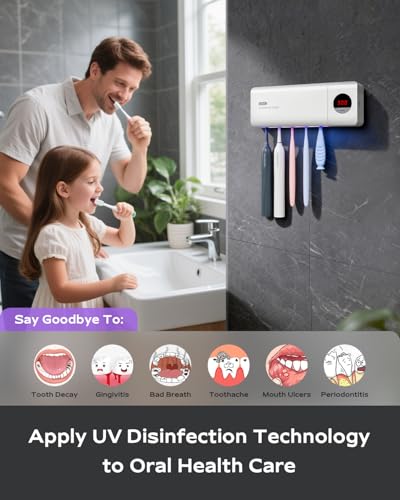 Toothbrush Holder for Bathroom Wall Mounted, Rechargeable - White | EPA Certified; 300s Smart Timer; 2000mAh Battery; LCD Working Display; Holds 5 Toothbrushes; Easy Wall Mount