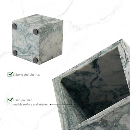 Real Luxurious Natural Marble Toothbrush Holder & Makeup Brush Organizer | Pen Holder for Desk,3.93inch Square Marble Utensil Holder Non-Ceramic/Non-Resin （Cyan Green）