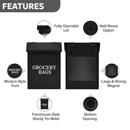 Calindiana Modern Farmhouse Metal Magnetic Grocery Bags Holder for Plastic Bags with LId and Kitchen Organizer and Storage Wall Mount Grocery Bag Dispenser Space Saving, Black