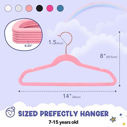 HOUSE DAY Velvet Kids Hangers 60 Pack, Premium Childrens Hangers for Closet | Blush Pink Ultra Thin Cute Clothes Hanger, Non Slip Small Felt Hanger 14 Inch for Kids Clothes +360° Swivel Rose Gold Hook