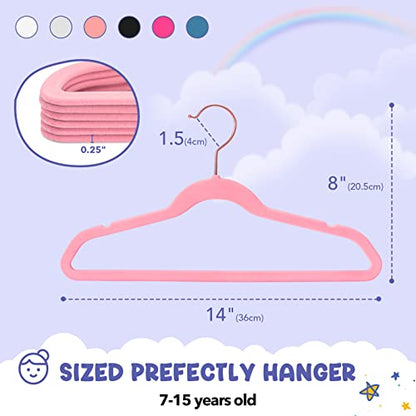 HOUSE DAY Velvet Kids Hangers 60 Pack, Premium Childrens Hangers for Closet | Blush Pink Ultra Thin Cute Clothes Hanger, Non Slip Small Felt Hanger 14 Inch for Kids Clothes +360° Swivel Rose Gold Hook