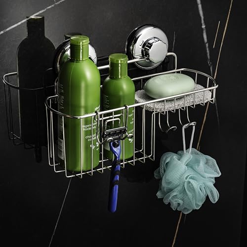 HASKO Suction Cup Shower Caddy Basket for Shampoo, Shower Suction Shelf Organizer, Basket with Soap Holder and Hooks, Stainless Steel Shampoo Holder for Bathroom Storage, Chrome