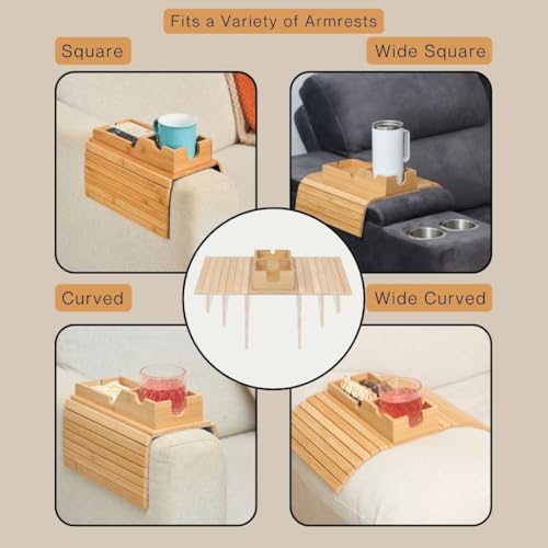 Couch Cup Holder Tray, Bamboo Sofa Arm Table with Removable Tray