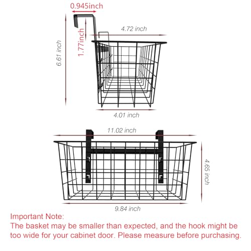Basket with Hook, Grid Storage Basket, Over the Cabinet Door Organizer, Wire Hanging Basket with Hook Over the Railing, Under Sink Kitchen Cabinet, Pantry, Bathroom, Black, 2 Pack