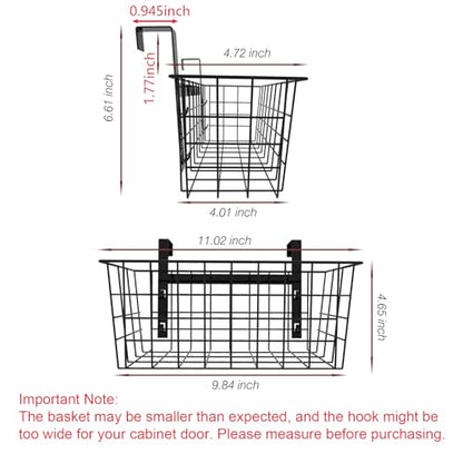 Basket with Hook, Grid Storage Basket, Over the Cabinet Door Organizer, Wire Hanging Basket with Hook Over the Railing, Under Sink Kitchen Cabinet, Pantry, Bathroom, Black, 2 Pack