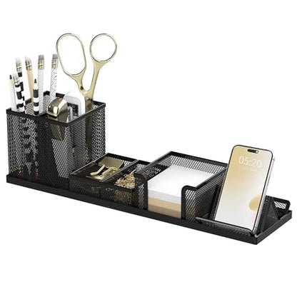 Pen Holder for Desk, 6-Piece Mesh Desk Organizer with Phone Holder, Black | 6-Piece Black Mesh Desk Set Includes Pen Cups, a Sticky Note Caddy and Phone Holder for Office, School, Home