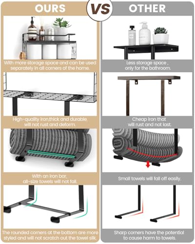 Aetyord Towel Racks for Bathroom Wall Mounted Towel Storage Organize | Towel Storage with Wood Shelf & Metal Basket,Fit for Small Bathroom,Camper,Rv,All Black
