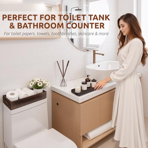 DEMIGO Toilet Tank Topper & Vanity Tray, Acacia Wood Decor Set, Dark Brown | 2-Pack Storage Tray, Handmade Wooden Tank Basket Cover for Bathroom, Kitchen, Home & Spa, Smooth Durable Artisan