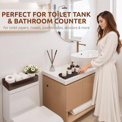 DEMIGO Toilet Tank Topper & Vanity Tray, Acacia Wood Decor Set, Dark Brown | 2-Pack Storage Tray, Handmade Wooden Tank Basket Cover for Bathroom, Kitchen, Home & Spa, Smooth Durable Artisan