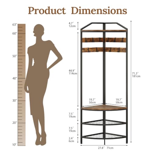 GiftGo Corner Hall Tree with Shoe Bench Entryway Coat Rack with 10 Metal Movable Hooks Floor Standing Clothes Rack Shoes Shelf Organizer for Home Office Bedroom (Rustic Brown)