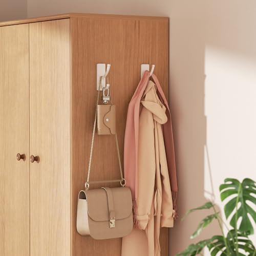 pickpiff Adhesive Wall Hooks with Strip - No Residue, Easy to Remove, Strong Heavy Duty Sticky Towel Hook, 4 Pack White