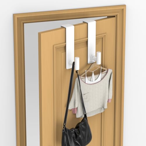 2-Pack Over The Door Hooks - Rustproof Stainless Steel Door Hangers for 1-3/4 Inch Doors, Non-Marking and Tool-Free Easy Install (White, T Shape)