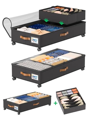 Under Bed Storage with Wheels, Under the Bed Storage Containers Lids | 2-Pack 58L & 1-Pack 15L Box, Organizer Bins Rolling Underbed Storage for Clothes, Underwear, Socks, Shoes