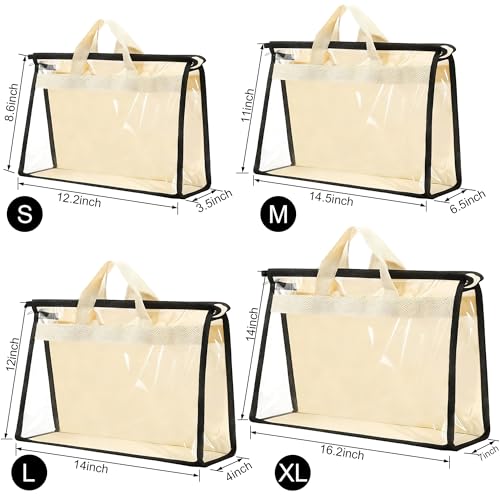 12 Packs Dust Bags for Handbags,4 Sizes Beige Clear Handbag Storage Organizer for Closet, Purse Organizer with Zipper Handle and 12 Pcs Hooks