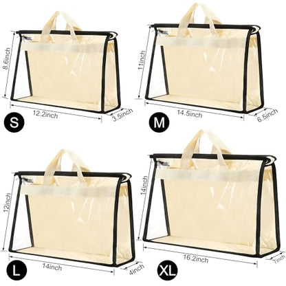 12 Packs Dust Bags for Handbags,4 Sizes Beige Clear Handbag Storage Organizer for Closet, Purse Organizer with Zipper Handle and 12 Pcs Hooks