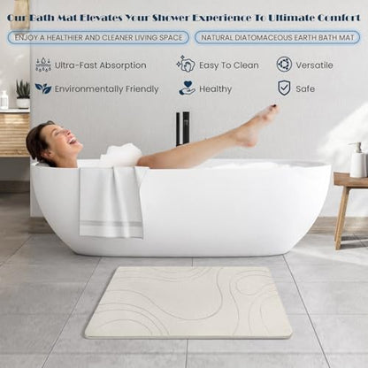 Stone Bath Mat Quick Dry Diatomaceous Earth Bath Mat Non-Slip Shower Stone Bathmat Super Absorbent Water Diatomite Bathroom Floor Pad, Natural, Esay to Clean, 23.6 x 15.4 (Flow Line-Beige)
