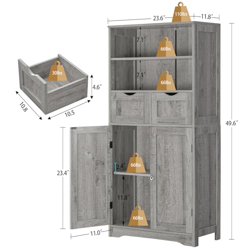 Iwell Storage Cabinet with 2 Drawers & Adjustable Shelf, Tall Bathroom Cabinet with Doors, Cupboard, Kitchen Cabinets for Living Room, Dining Room, Entryway, Grey
