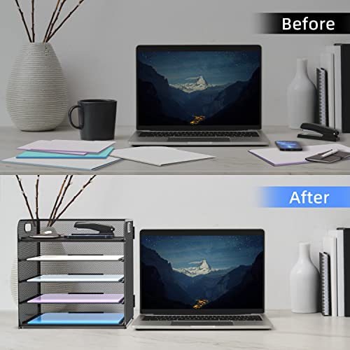 5 Trays Paper Organizer Letter Tray with Handle-Mesh Desk File Holders, Paper Sorter Desk Organizer for Office, Home, Classroom or School