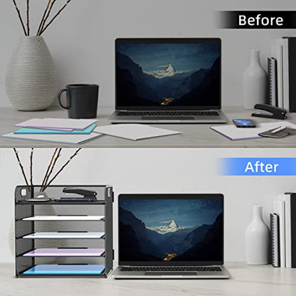 5 Trays Paper Organizer Letter Tray with Handle-Mesh Desk File Holders, Paper Sorter Desk Organizer for Office, Home, Classroom or School