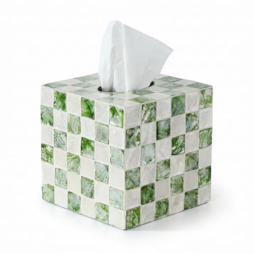 Coeusy Capiz Tissue Box Cover, Square Decorative Tissue Holder with Bottom Slider, Handmade Checkered Cube Tissue Box Cover for Bathroom Vanity,Office or Bedroom,Green