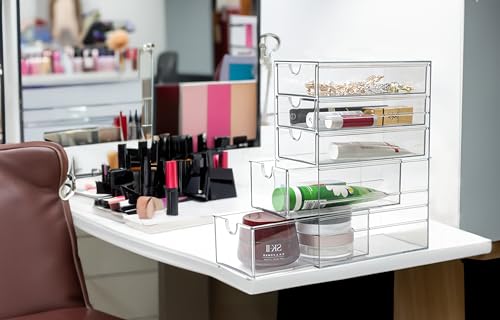 Plastic Drawer Storage with 5 Different Sizes Drawers, Clear Light Gray Hair Accessories Organizer, Transparent Dresser Bathroom Organizer