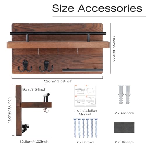 OurWarm Wall Mounted Key Holder/Hangers for Wall Decorative with 5 Key Hooks, Wooden Mail Rack Organizer with Shelf, Rustic Home Decor for Entryway Mudroom Hallway Office, Brown
