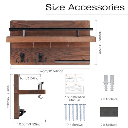 OurWarm Wall Mounted Key Holder/Hangers for Wall Decorative with 5 Key Hooks, Wooden Mail Rack Organizer with Shelf, Rustic Home Decor for Entryway Mudroom Hallway Office, Brown