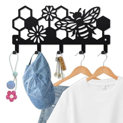 MAYJOYDIY Bee Beehive Metal Key Hook Honey Bee Flowers Coat Rack Wall Mounted 9.8×4.7inch Honeycomb Insect Black Art Key Holder with 5 Hooks for Gift Kitchen Bathroom Clothes Storage