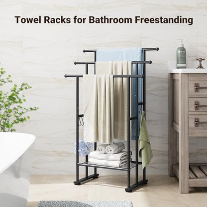 3 Tier Freestanding Towel Rack with Shelf, 40" H Towel Stand, Black | Metal Drying Rack for Oversized Bath Towels & Blankets, 4 Hooks, Indoor & Outdoor Use, Fits Bathroom, Tub, Shower, Poolside