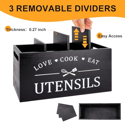 Black Extra Large Wood Cooking Utensil Holder Kitchen Spatula Spoon Holder | Wooden Utensils Caddy for Kitchen Countertop Organizer Rustic Decor Kitchen Counter Tool Holder Farmhouse Utensil Crock