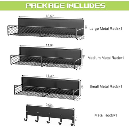 4 Pack Magnetic Shelves for Washing Machine, Heavy-Duty Magnetic Laundry Organizer with Hooks, Washing Machine Shelf for Refrigerator, Metal Storage Baskets, Closet & Laundry Room Organization(Black)