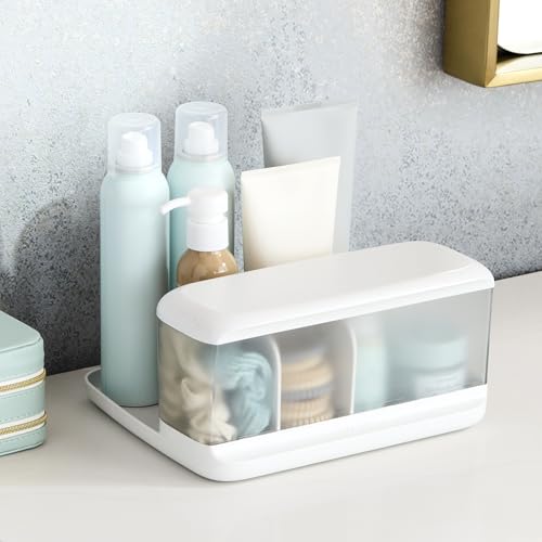 YouCopia HideAway Counter Caddy, Bathroom Vanity Countertop Organizer Tray with Adjustable Dividers and Lid