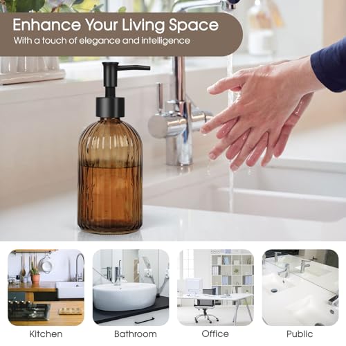 Topsky 2 Pack Glass Soap Dispenser with Black Plastic Pump, 400ml Liquid Hand Soap Dispenser, Rustproof Pump for Kitchen & Bathroom, Great for Lotions, Essential Oil, Liquid Soaps-Amber