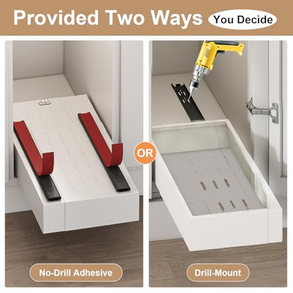 Pull out Cabinet Organizer,7"-11"W, 17"-24"D,Expandable,Adhesive | No Drill,Adjustable Slide out Drawers for Kitchen,Pantry,Roll out Shelves,for Cabinets Without Lip,Bathroom,White,1PC
