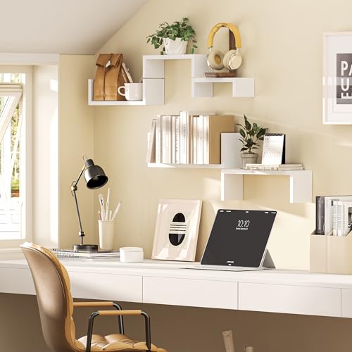 SRIWATANA White Floating Shelves, Set of 5 Solid Wood Wall Mounted Shelves | Sturdy Rustic Wall Organizers in 5-Piece Set; Space-Saving Wood Shelves to Create Custom Gallery Displays for Decor & Storage